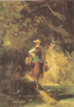 Bild:Mädchen mit Korb einen Bach überquerend