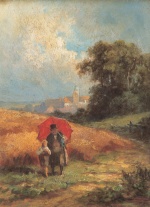 Bild:Mann mit rotem Sonnenschirm und Bauernbub