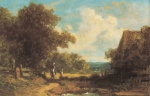 Carl Spitzweg  - Peintures - Paysage boisé avec cavalier et jeune fille
