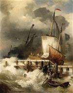 Andreas Achenbach - Bilder Gemälde - Arrival at the Mole by Stormy Sea