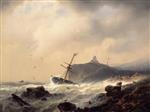 Andreas Achenbach  - Bilder Gemälde - Fischer an felsiger Küste, ein anlandendes Boot aus der rauhen Brandung ziehend