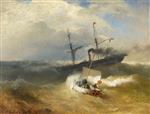 Bild:Steam Ship and Sailing Boat in Rough Seas