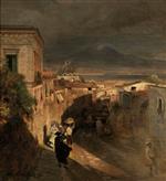 Oswald Achenbach - Bilder Gemälde - Altstadtgasse in Neapel mit Blick auf den Vesuv