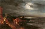 Oswald Achenbach  - Bilder Gemälde - Die Bucht von Neapel bei Nacht