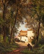 Oswald Achenbach  - Bilder Gemälde - Italienische Landschaft mit zwei Mönchen und romanischer Architektur