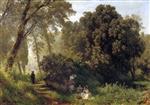 Oswald Achenbach  - Bilder Gemälde - Junge Frau ruht an einem sonnenschienen Pfad
