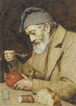 Albert Anker - Bilder Gemälde - Alter Mann Suppe essend