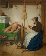 Albert Anker  - Bilder Gemälde - Grossmutter am Spinnrad und schlafender Knabe auf Ofenbank