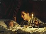 Bild:Junge Mutter, bei Kerzenlicht ihr schlafendes Kind betrachtend