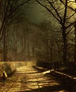 John Atkinson Grimshaw - Bilder Gemälde - A Moonlit Lane, with two lovers by a gate