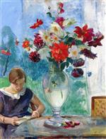 Henri Lebasque  - Bilder Gemälde - Girl Reading and Vase of Flowers