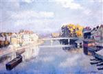 Bild:Lagny, the Bridge and Laundry Boats on the Marne
