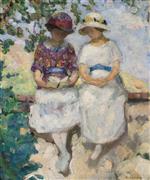 Henri Lebasque  - Bilder Gemälde - Two Girls Seated on a Wall