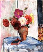 Bild:Vase of Dahlias with Book on a Table