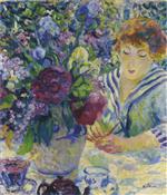 Henri Lebasque  - Bilder Gemälde - Woman with a vase of flowers