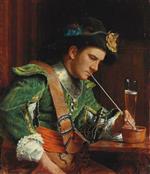 Jean Louis Ernest Meissonier - Bilder Gemälde - A soldier smoking a pipe in an interior