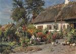 Peder Mønsted - Bilder Gemälde - A Cottage Garden with Chickens