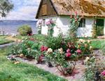 Peder Mønsted  - Bilder Gemälde - Rose Bushes and a Cottage by the Water, Sørup