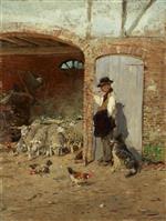 Hugo Mühlig  - Bilder Gemälde - Schäfer mit seinem Hund an der Scheune