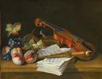 Bild:Still Life with a Violin, a Recorder, Books, a Portfolio of Sheet of Music, Peaches and Grapes