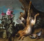 Jean Baptiste Oudry  - Bilder Gemälde - Still Life with Partridge, Hare and Hollyhocks