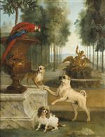 Jean Baptiste Oudry  - Bilder Gemälde - Three Dogs and a Parrot in the Park