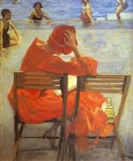 Bild:Girl in a red dress reading by a swimming pool