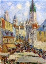 Gustave Loiseau  - Bilder Gemälde - La Place de la Basse, Vielle Tour et le Marché de la Place, Rue de l'Épicerie