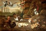 Frans Snyders - Bilder Gemälde - A Cockfight, with Hens, Peacock, Muscovy Duck, Turkey, and Pigeons, in a Garden Setting