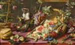 Bild:A Spilled Basket of Fruits on a Draped Table with Monkeys