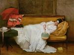 Alfred Stevens - Bilder Gemälde - A Girl with a Japanese Fan Asleep on a Sofa