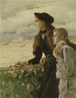 Alfred Stevens - Bilder Gemälde - Bruder und Schwester am Meer in Honfleur