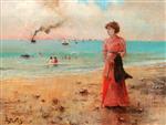 Alfred Stevens  - Bilder Gemälde - Young Lady with Red Umbrella on the Beach