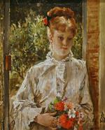 Alfred Stevens  - Bilder Gemälde - Young Woman in White Holding a Bouquet