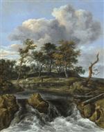 Bild:A River Landscape with a Man crossing a Bridge above a Waterfall