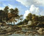 Jacob Isaackszoon van Ruisdael - Bilder Gemälde - A wooded river landscape with a bridge, a church beyond