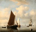Willem van de Velde - Bilder Gemälde - A Calm Sea with two Fishing Boats and a Man-of-War Firing a Salute Beyond