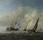 Willem van de Velde - Bilder Gemälde - A Dutch Ship, a Yacht and Smaller Vessels in a Breeze
