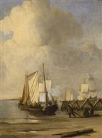 Willem van de Velde - Bilder Gemälde - A Kaag coming Ashore near a Groyne with Ships and Vessels under Sail Beyond