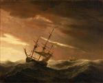 Willem van de Velde  - Bilder Gemälde - An English Ship at Sea Lying-To in a Gale