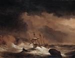 Willem van de Velde  - Bilder Gemälde - An Indiaman in a Gale off a Rocky Coast