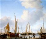 Willem van de Velde  - Bilder Gemälde - Calm, A States Yacht under Sail close to the Shore with many other Vessels