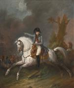 Emile Jean Horace Vernet - Bilder Gemälde - An Equestrian Portrait of Napoleon with a Battle Beyond