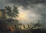 Claude Joseph Vernet - Bilder Gemälde - A Coastal Scene with Figures around a Fire