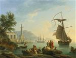Claude Joseph Vernet - Bilder Gemälde - A Mediterranean Harbor at Sunset with Fisherfolk at the Water's Edge