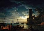 Bild:Night, Mediterranean Coast Scene with Fishermen and Boats