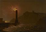 Bild:A Lighthouse on fire at night