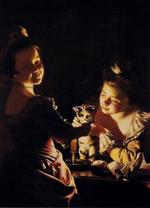 Joseph Wright of Derby  - Bilder Gemälde - Two Girls Dressing a Kitten by Candlelight