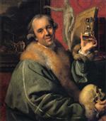 Johann Zoffany  - Bilder Gemälde - Self Portrait with Hour Glass and Skull