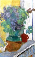 Bild:Purple Lilacs in a Green and Yellow Earthenware Vase